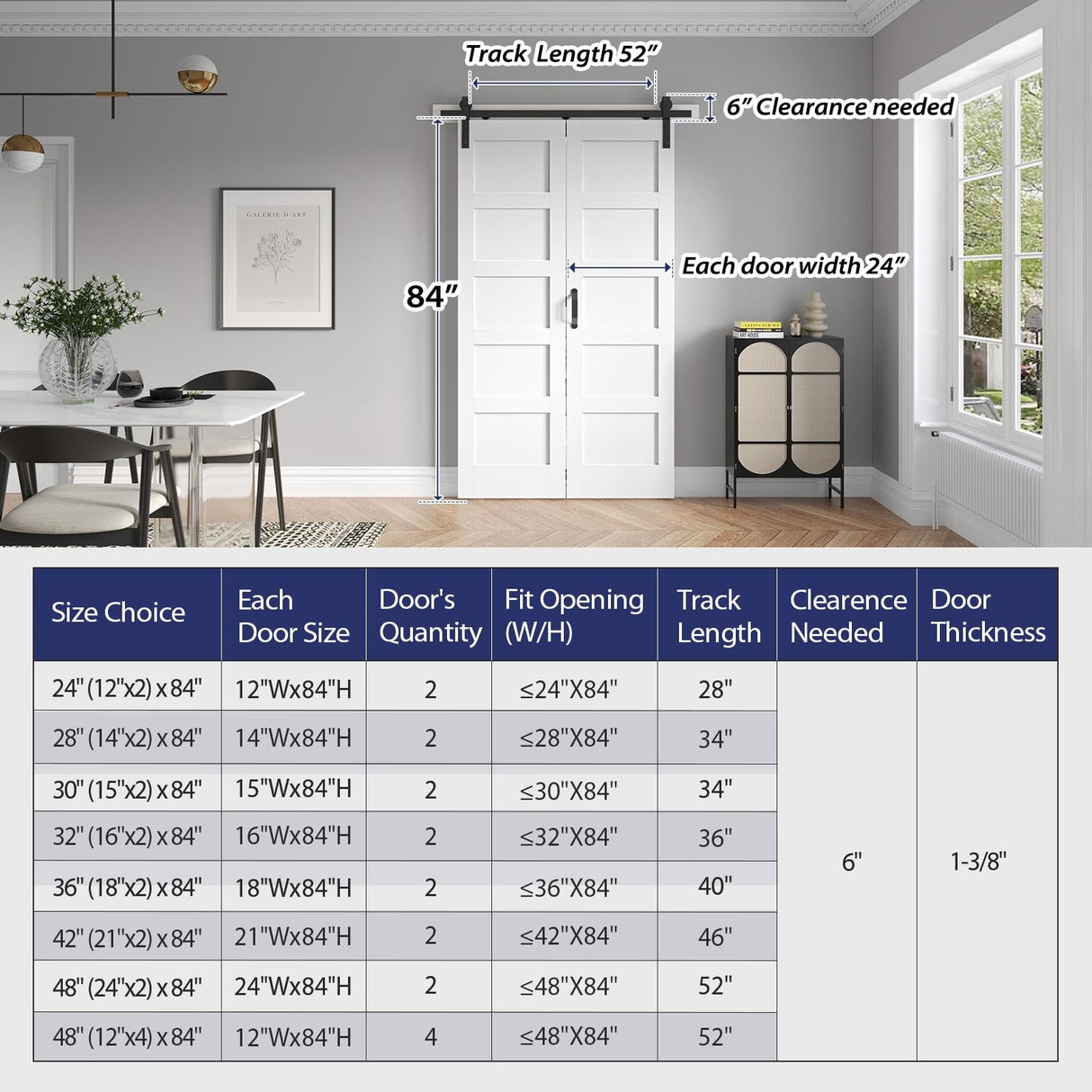 FREDBECK 48X84(Double 24x84) White Bi-fold Barn Door Sliding Folding Door Double Barn Door with 52" Hardware Kit & Handle,Solid MDF Door with Water-Proof PVC Surface for Closet,Assembly Required FREDBECK