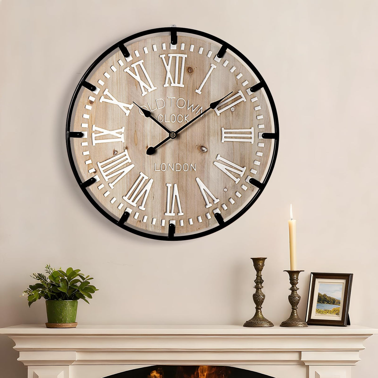 Vantic Farmhouse 24 Inch Extra Large Decorative Wall Clock with Metal Circle, Oversized Wood Wall Clock with Large Roman Numeral for Living Room, Bedrooms and Offices, Silent and Battery Operated Vantic
