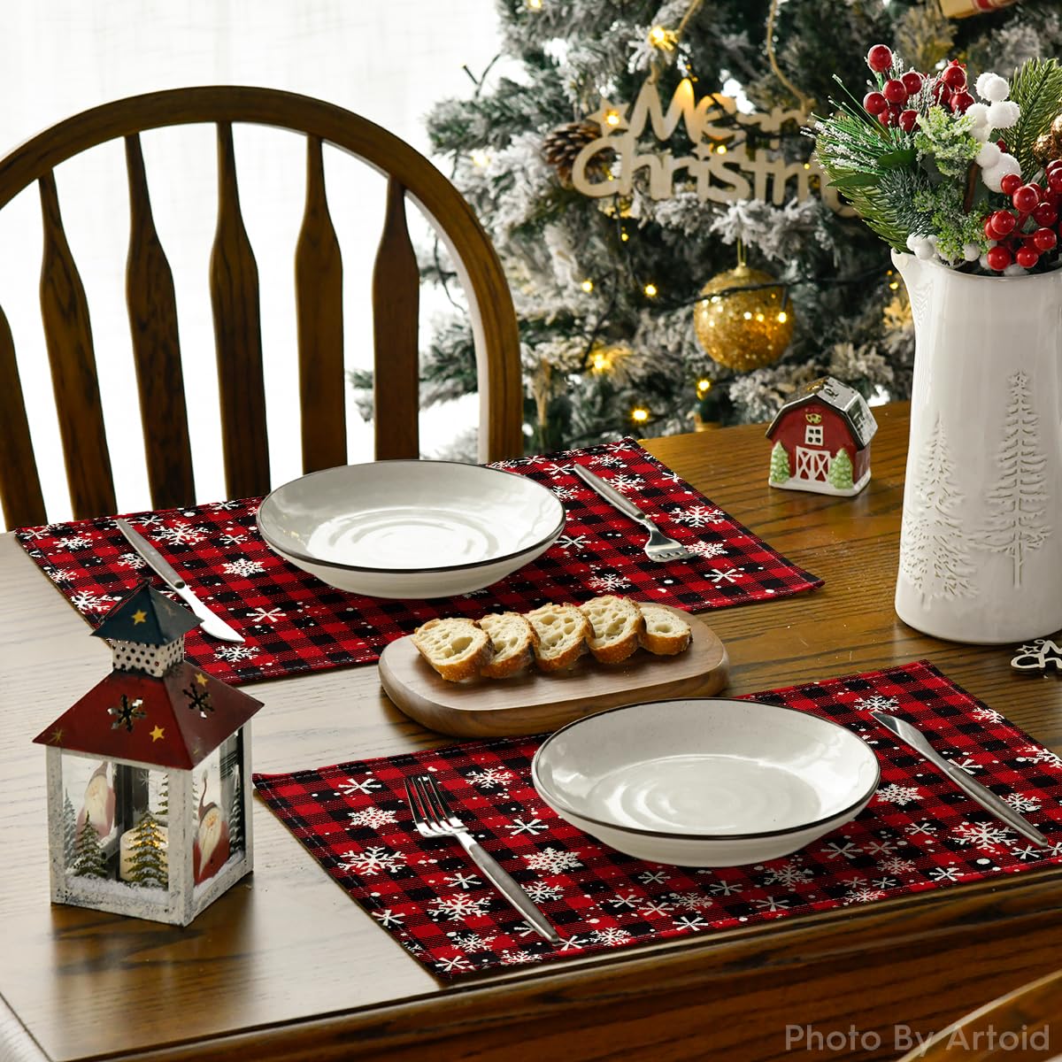 Artoid Mode Red and Black Buffalo Plaid Christmas Placemats for Dining Table, 12 x 18 Inch Seasonal Winter Xmas Snowflakes Holiday Rustic Vintage Thanksgiving Washable Table Mats Set of 4 Artoid Mode