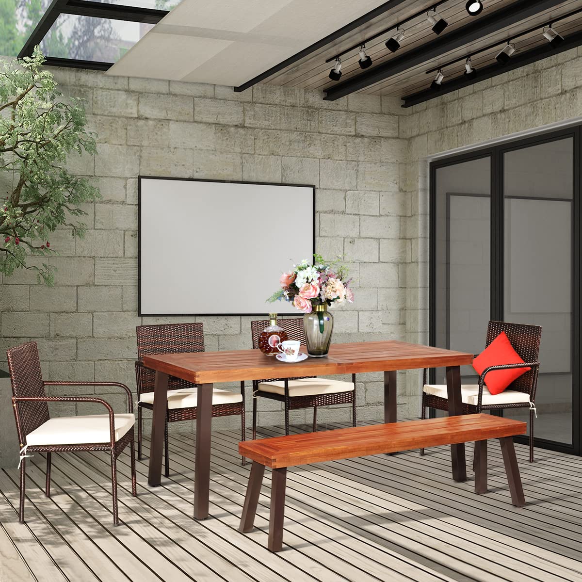 Tangkula 6 Piece Acacia Wood Patio Dining Set, Patiojoy Outdoor Wicker Furniture Set w/Bench, 4 Cushioned Rattan Chairs & Wood Table with Umbrella Hole, Ideal for Backyard Garden Porch Tangkula