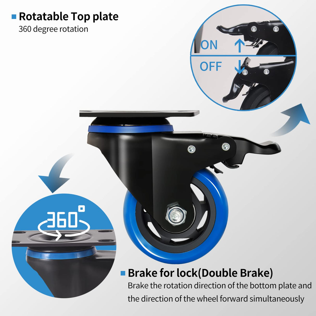 3 Inch Caster Wheels, Casters Set of 4 Heavy Duty with Brake, Safety Dual Locking Casters, No Noise Wheels with Polyurethane Foam, Load 1000LBS (Two Hardware Kits Included) ENYKE