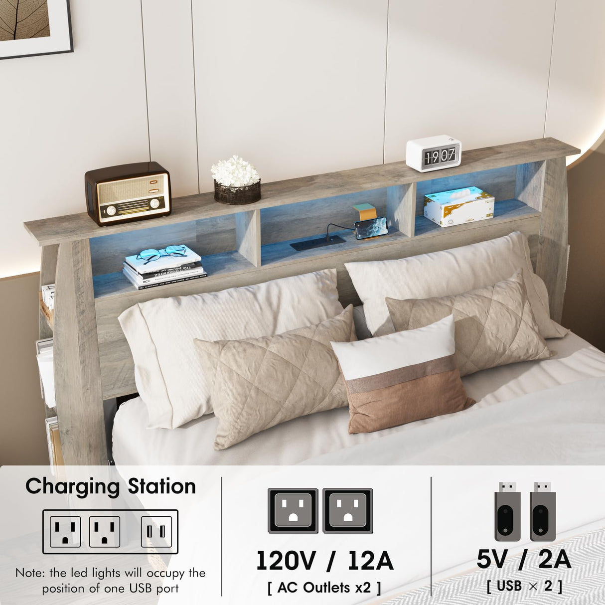 Fameill Queen Size Grey Wood Bed Frame with Smart Bookcase Headboard & LED Lighting Fameill