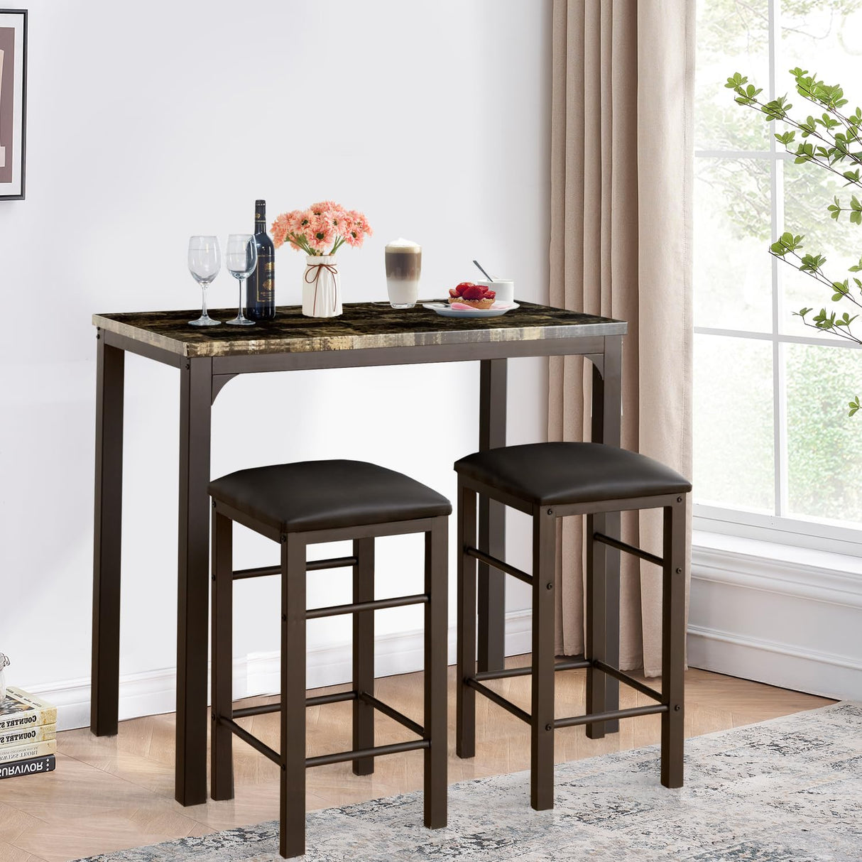 VECELO 3-Piece Bar Table and Chairs Set, 36" Rectangular Counter Height Dining Sets for Kitchen Bistro Restaurant Small Space Breakfast Nook, Brown and Black VECELO