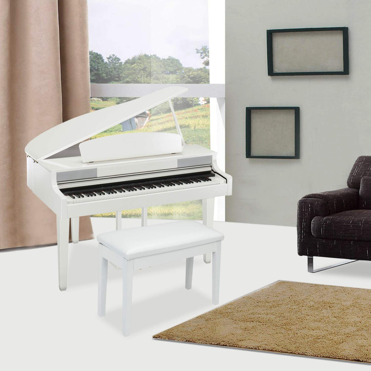 Bonnlo White Duet Piano Bench Wooden Keyboard Bench with Storage and Padded Cushion Bonnlo