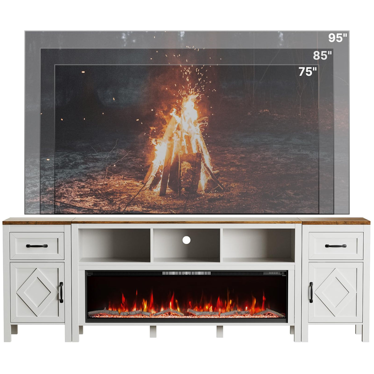 BVIUNTWO 88 Inch Fireplace TV Stand for TVs Up to 95 Inch,Farmhouse Entertainment Center with 50" Electric Fireplace,White TV Console with Storage Cabinets and Drawers for Living Room BVIUNTWO