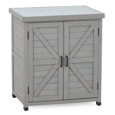 Outdoor Potting Bench with Storage Cabinet and Metal Top, Wood Workstation for Outdoor Patio, Garden