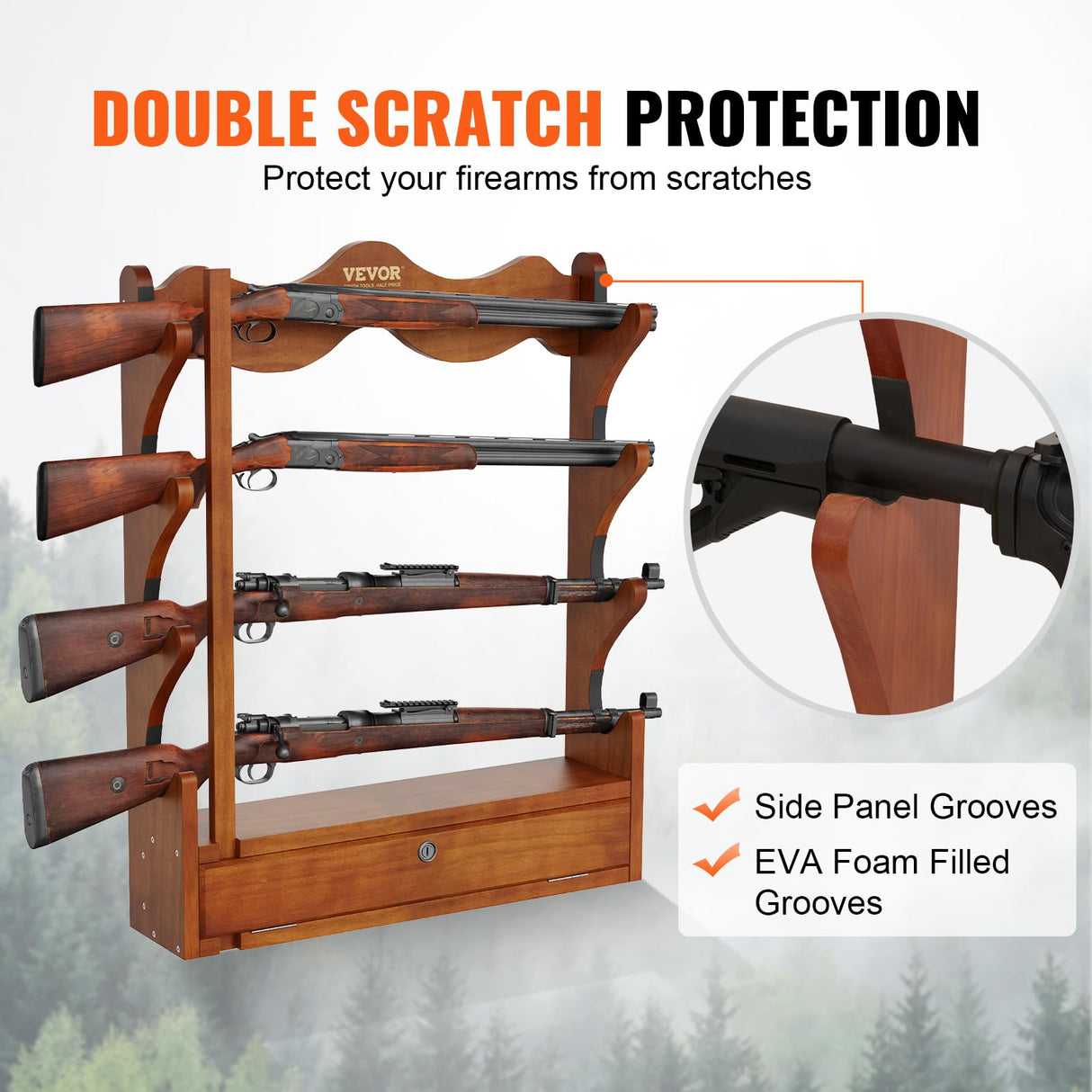 VEVOE Gun Rack, Wood Gun Rack Wall Mount, Gun Display Rack Holds 4 Rifles, Shotguns, 132 lb Heavy Duty Wall Storage Display Rifle Rack with Soft Padding VEVOR