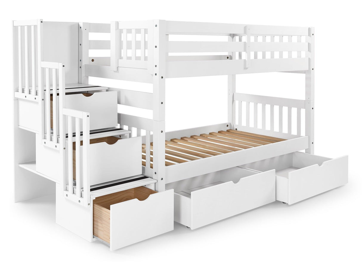 Bedz King Stairway Bunk Beds Twin over Twin with 3 Drawers in the Steps and 2 Under Bed Drawers, White Bedz King