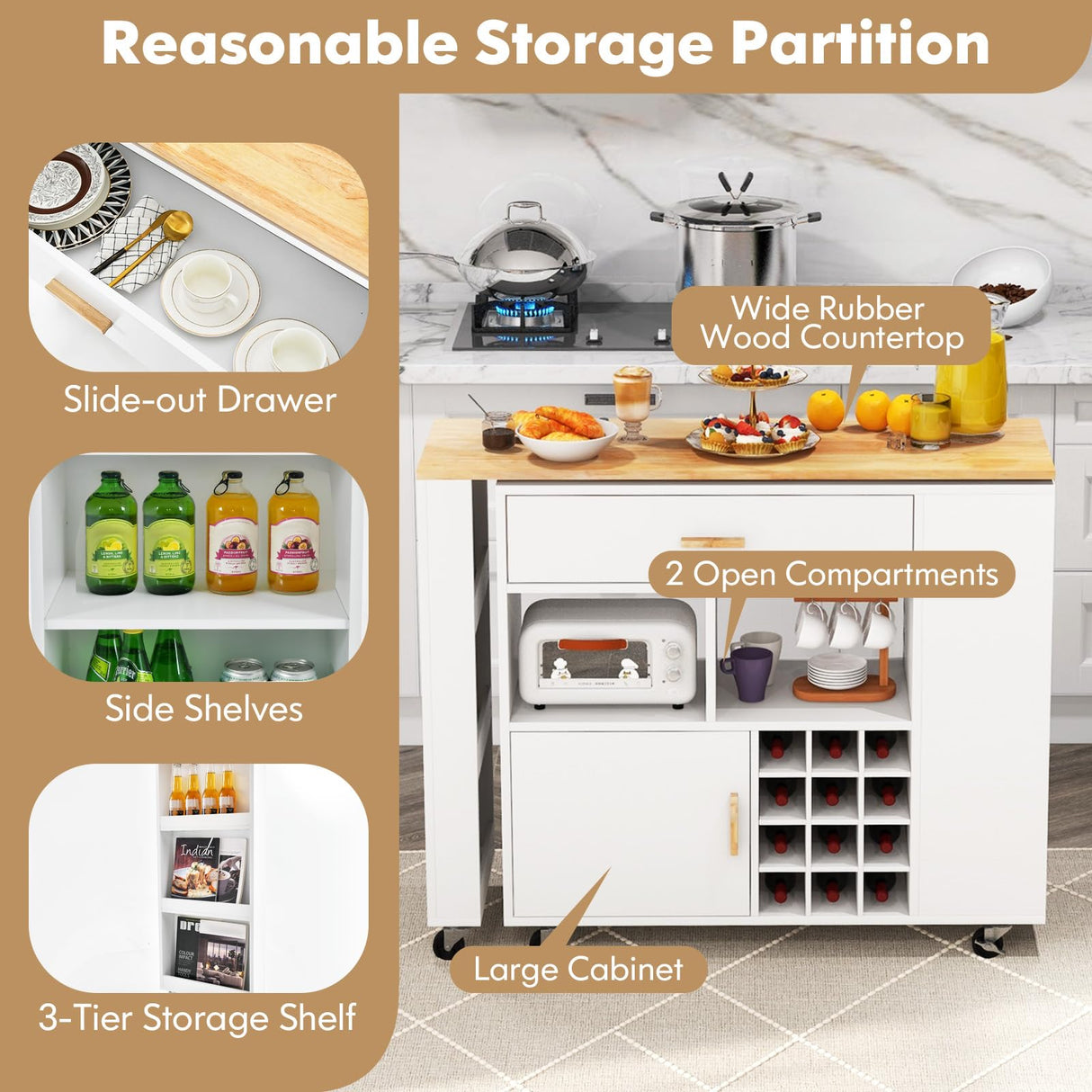 Giantex Mobile Kitchen Island Cart, 4-in-1 Reversible Serving Cart Bar Table Combo, Storage Cart on Wheels w/Rubber Wood Top, Adjustable Shelf, 12-Bottle Wine Rack, Spice Rack for Dining Room, White Giantex