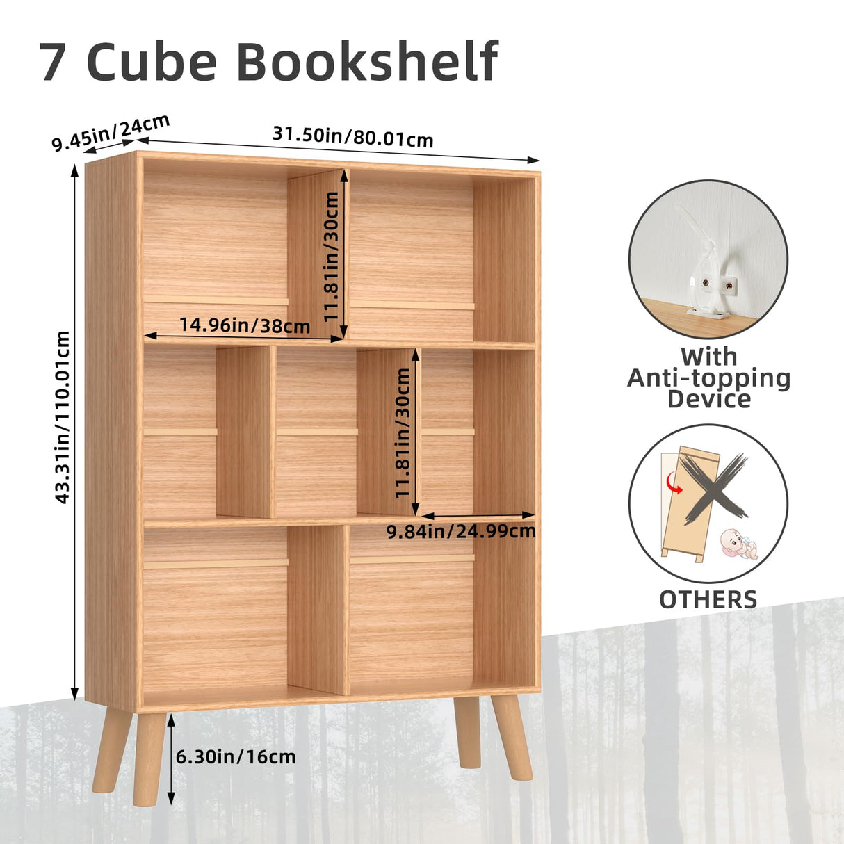 LEYAOYAO 7 Cube Bookshelf, 3 Tier Modern Bookcase with Legs, Mid-Century Modern Wood Book Shelves Storage, Boho Natural Book Case, Freestanding Organizer Display Shelf for Bedroom,Living Room,Office LEYAOYAO