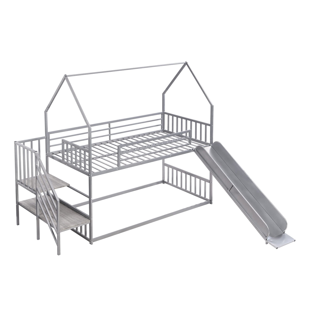 Favfurish Twin Over Twin-Size Metal Bunk Bed House-Shape-Bed with Slide and Staircase,No Box Spring Needed, Easy to Install, for Kids, Girls, Boys,Silver Favfurish