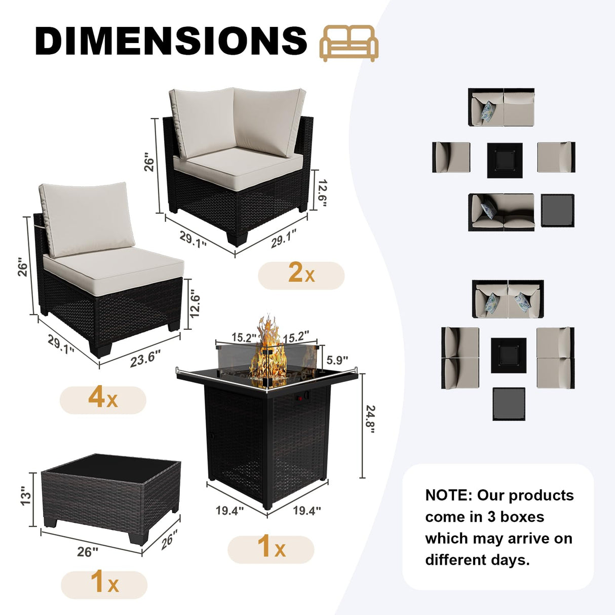 Peacabo 8 Piece Outdoor Patio Furniture Set with Fire Pit, Wicker Outdoor Sectional Sofa for Deck, Garden, Lawn (Brown and Beige) Peacabo