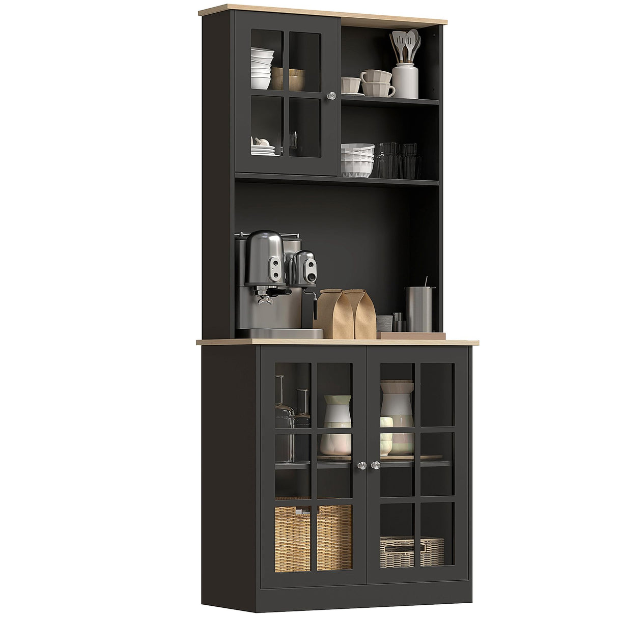 HOMCOM Kitchen Pantry Storage Cabinet, 72" Freestanding Cabinet with Hutch, Large Countertop, Glass Doors and Adjustable Shelves for Dining Room, Black HOMCOM