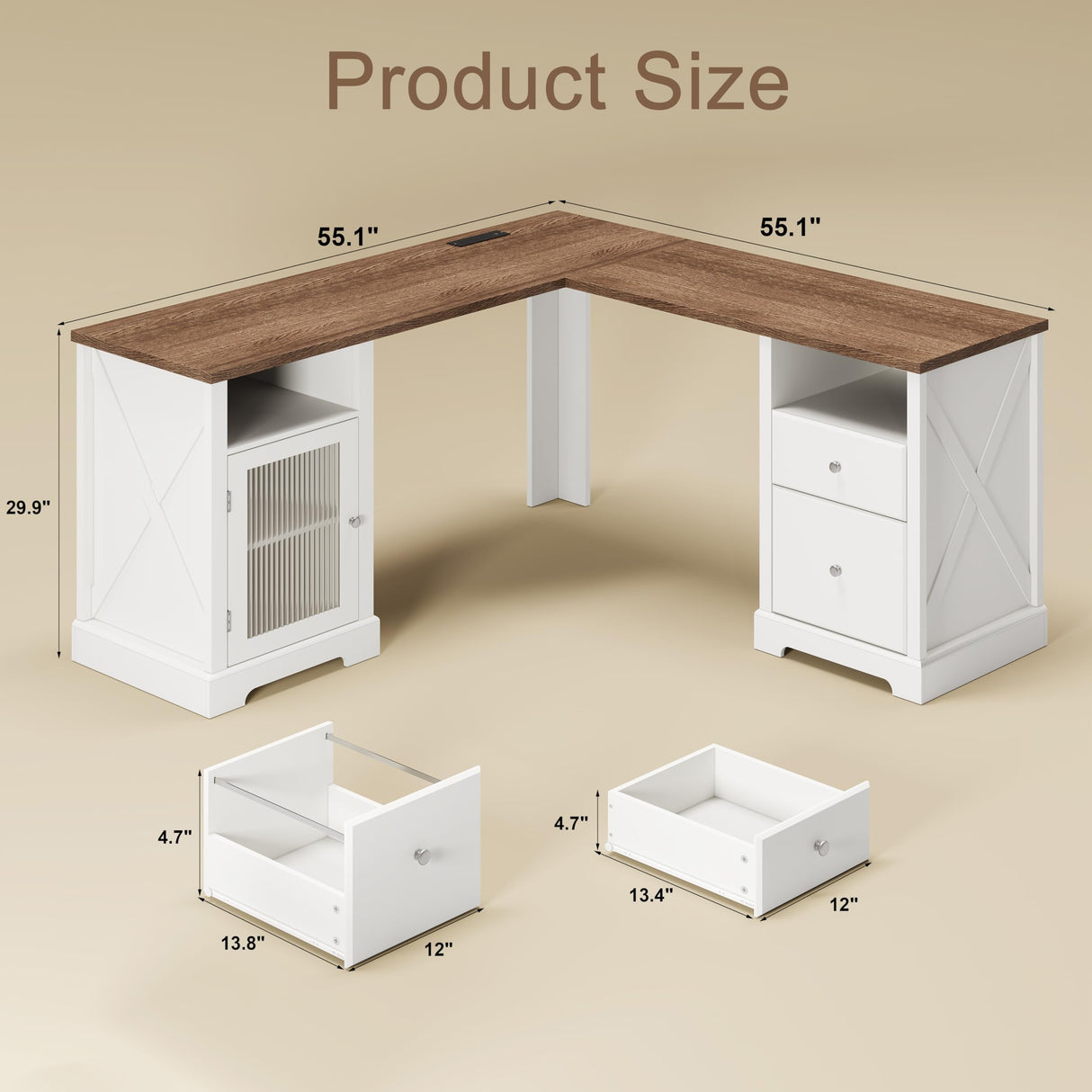 ChooChoo Farmhouse L Shaped Desk with Drawers & Storage Shelf, Home Office Desk with Storage Cabinet, Executive Corner Computer Desk with Charging Station, Home Office Writing Desk, Soft White ChooChoo