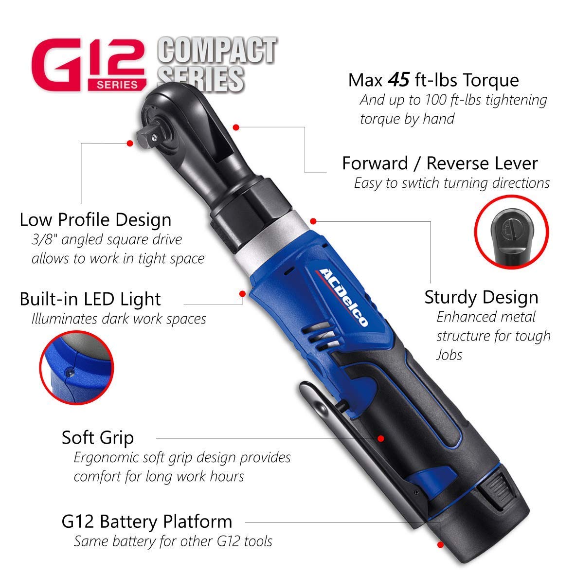 ACDelco ARW1209P G12 Series 12V Li-ion Cordless 3/8” 45 ft-lbs. Ratchet Wrench Tool Kit ACDelco