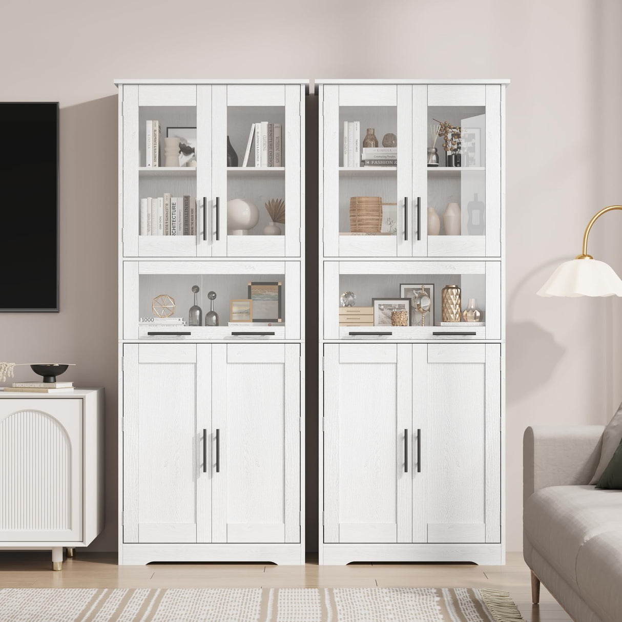Tall White Freestanding Storage Cabinet with Glass Doors and Adjustable Shelves by IDEALHOUSE IDEALHOUSE