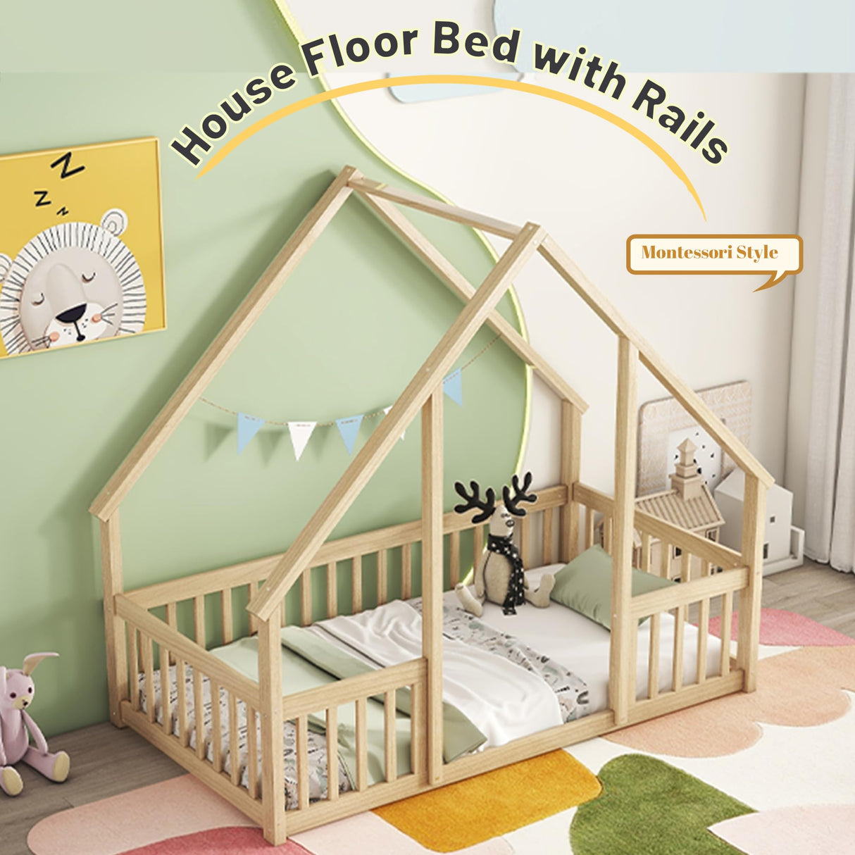 Luckiofvonne Twin Size Montessori House Bed with Fence Rails for Kids - Natural Wood Floor Bed Luckiofvonne