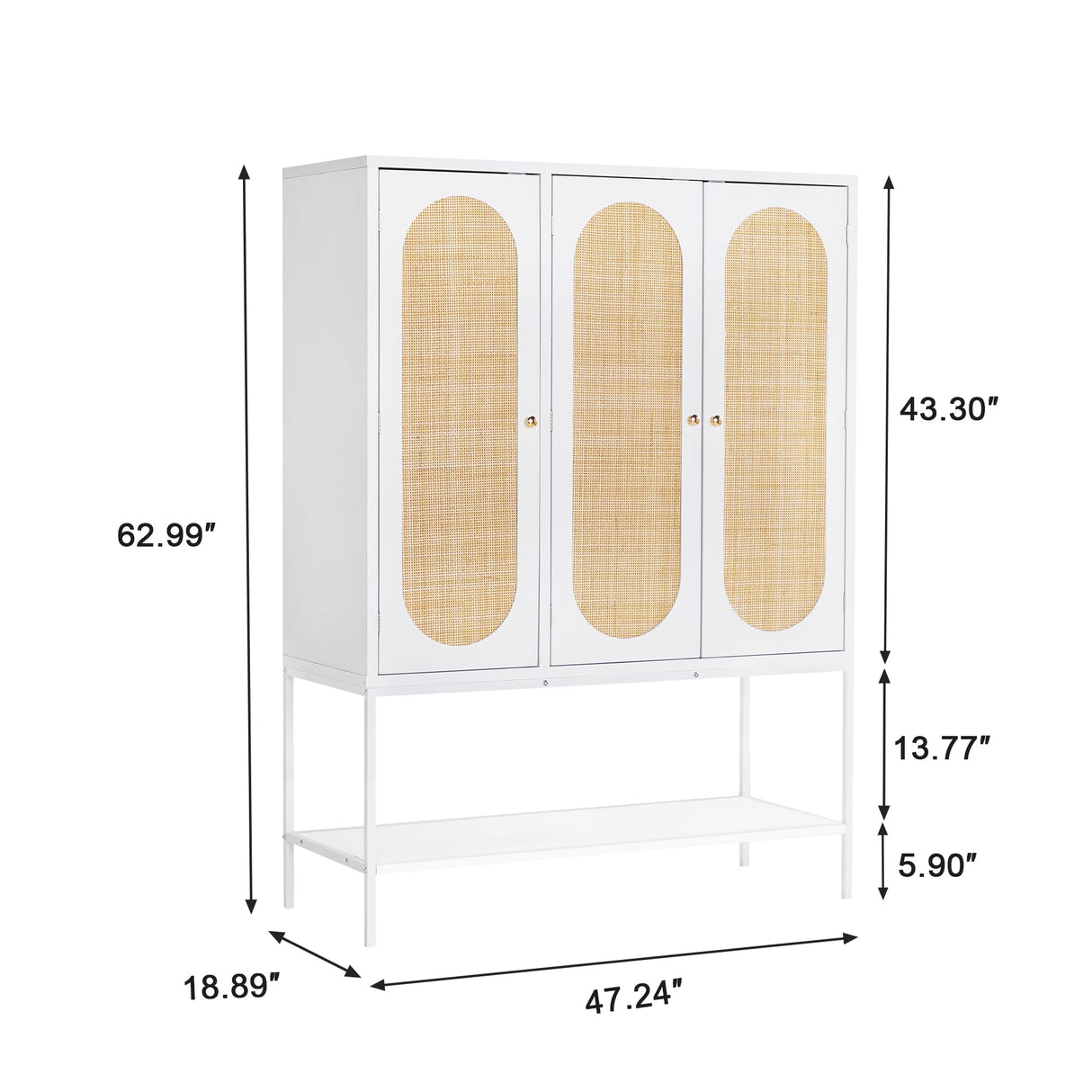 QEIUZON Wardrobe Closet, Rattan Freestanding Wardrobe Cabinet with Storage Cubes & Hanging Rod, Bedroom Armoire, 3-Doors-White QEIUZON