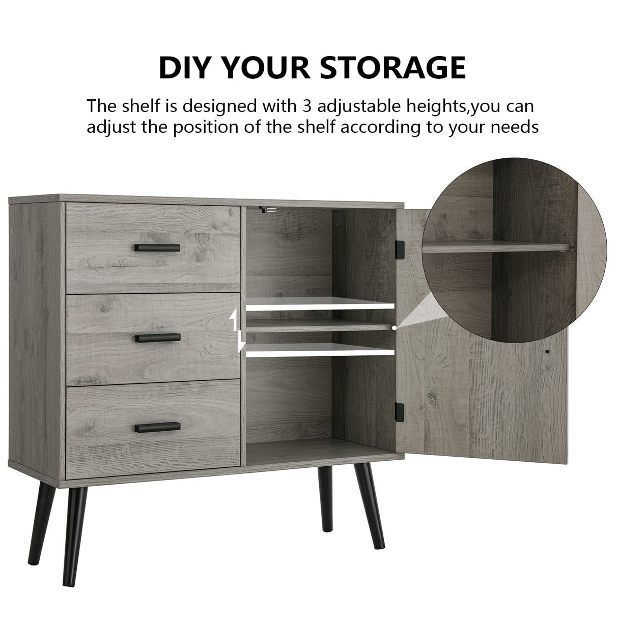 Iwell Storage Cabinet with 3 Drawers & Adjustable Shelf, Sideboard Buffet Cabinet, Small Freestanding Floor Storage Unit, for Living Room, Home Office, Rustic Grey Iwell