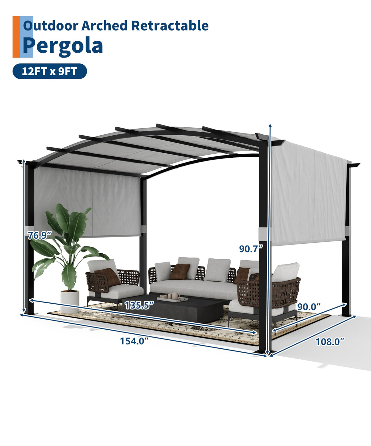 GarveeLife 12' x 9' Outdoor Arched Pergola, Metal Gazebo with Retractable Sun Shade for Backyards, Lawn, Patios (Grey) GarveeLife