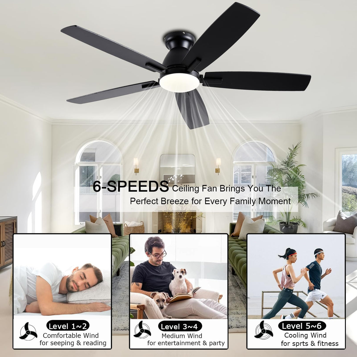 NKPU Ceiling Fans with Lights, 52 Inch Low Profile Ceiling Fan with Light and Remote Control, Flush Mount, DC Reversible Motor, Dimmable LED Black Ceiling Fans for Bedroom,Indoor/Outdoor Patio Use NKPU