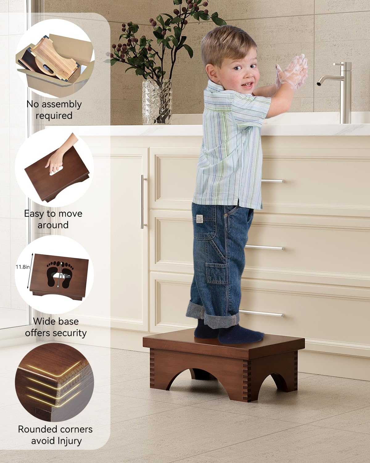 ECROCY Step Stools for Adults Pre-Assembled, Sturdy Foot Stool Lightweight, Portable Wood Step Stool Attractive, Solid Wooden Step Stool with Smooth Finish, Bed Steps for High Beds for Adults ECROCY