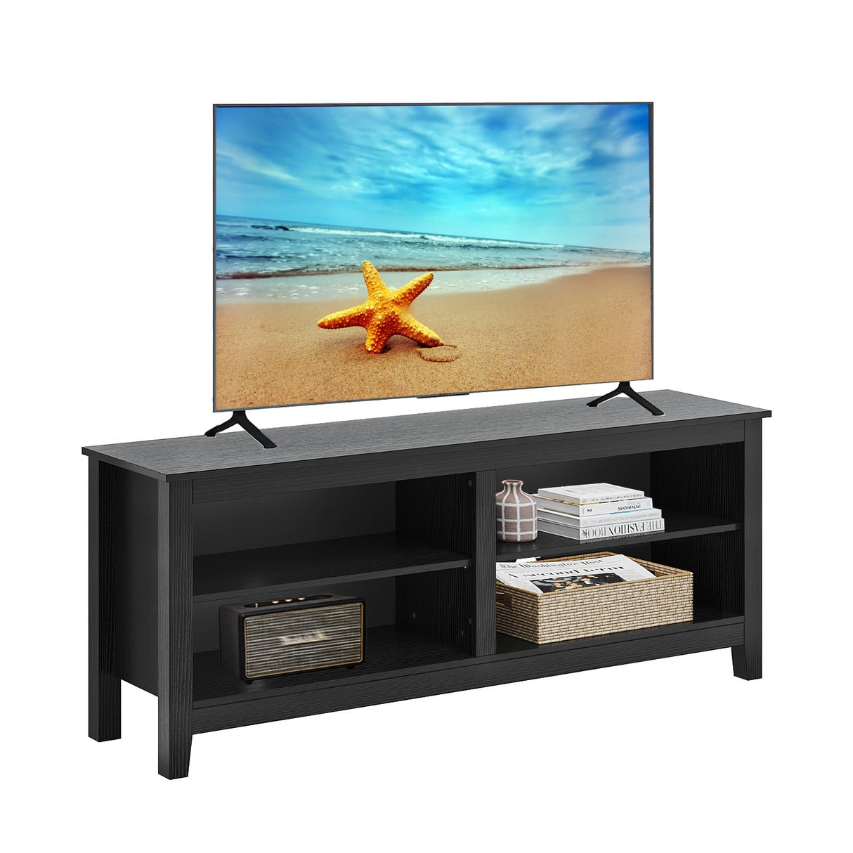 Gyger TV Stand for 65 inch TV with Storage,Modern TV Entertainment Center for Bedroom,TV Media Console Table with 4 Open Storage Shelve,55 inch Wood TV Cabinet Black Gyger