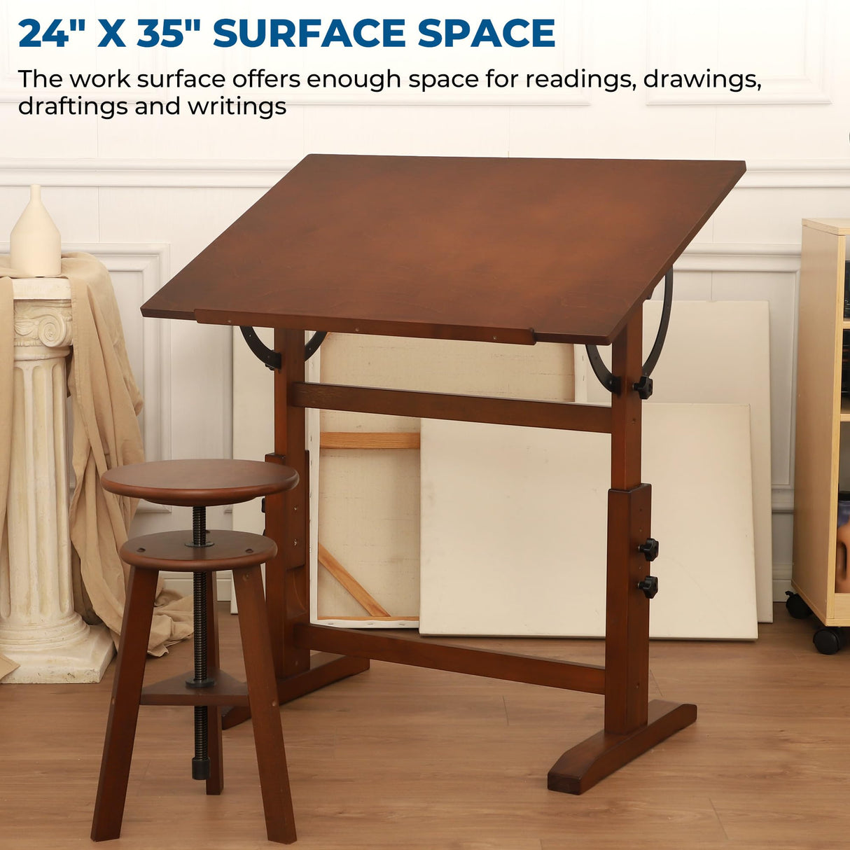 VISWIN Wood Drafting Table for Adults, 24'' x 35" Drawing Table with Adjustable Height & Angle for Art Studio, Solid Pine Wood Artist Desk for Drawing, Drafting, Writing, Reading, Sketching VISWIN