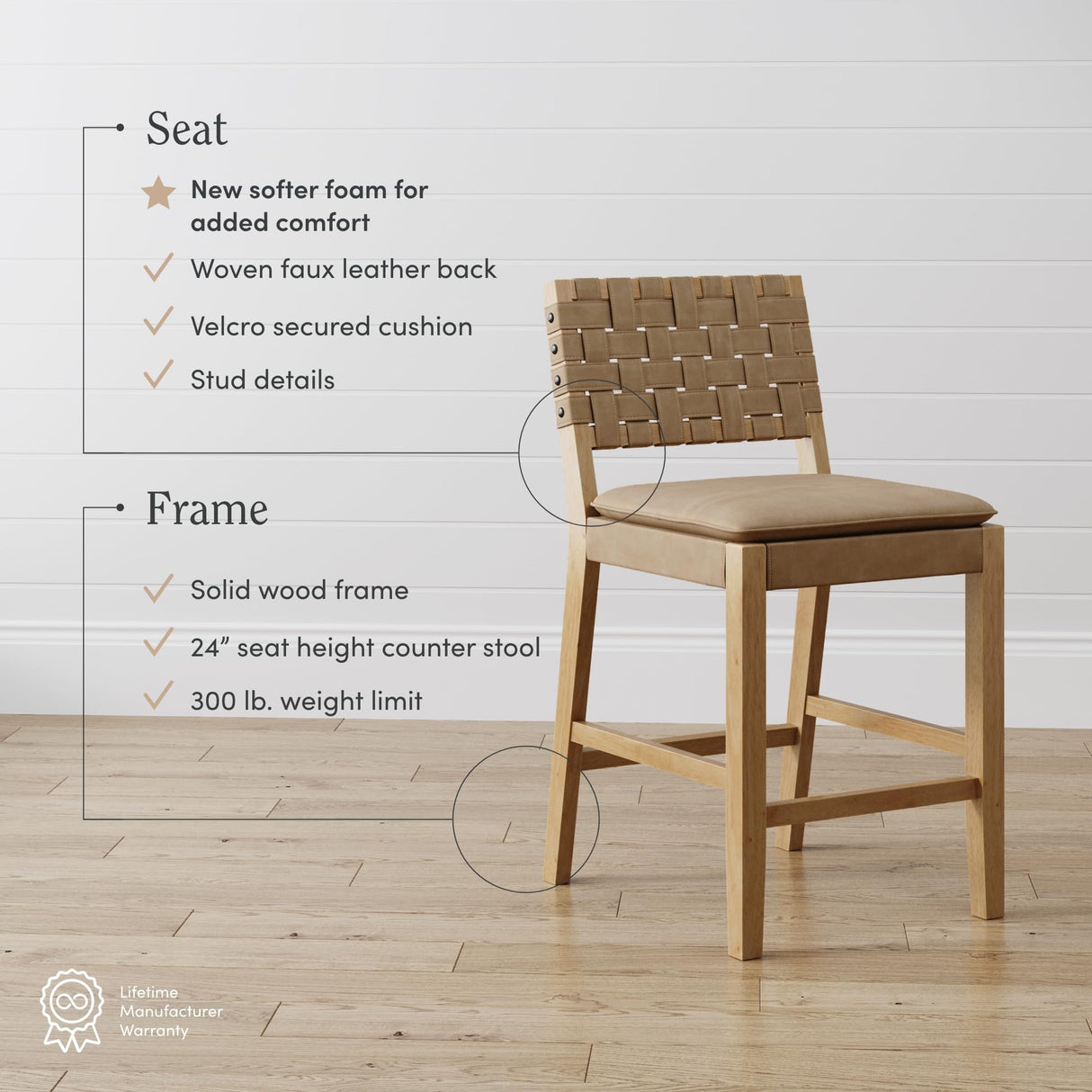 Nathan James Cohen Mid-Century Modern Leather Bar Stool, Counter Height Chair in Solid Wood Frame with Footrest and Woven Leather Back for Kitchen, Natural Brown, 1 count, Barstool - 24" Nathan James