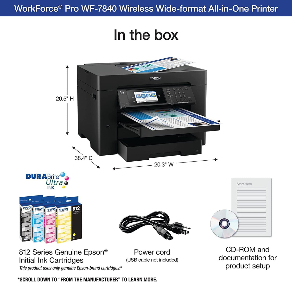 Epson Workforce Pro WF-7840 Wireless Wide-Format All-in-One Color Inkjet Printer - Print Scan Copy Fax - 4.3" LCD, 25 ppm, 4800 x 2400 dpi, 13" x 19", 50-Sheet ADF, Auto 2-Sided Printing, Ethernet Epson