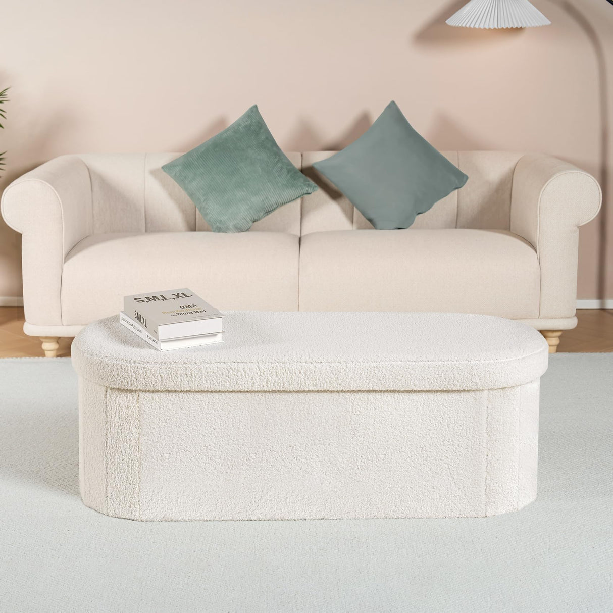 B FSOBEIIALEO Ottoman with Storage for Living Room, Sherpa Folding Storage Ottoman Foot Rest, 43.3 Inches Collapsible Bedroom Bench Cream White B FSOBEIIALEO