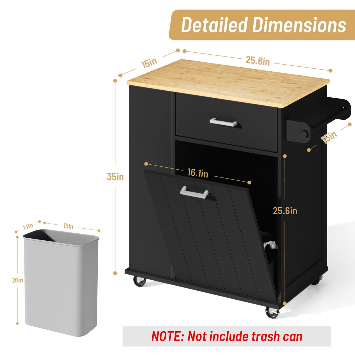Kitchen Island with Trash Can Storage, Rolling Kitchen Island on Wheels, Tilt Out Trash Cabinet, Bamboo Tabletop, Towel Rack, Knife/Spice Rack, and Drawers, Black Glavbiku