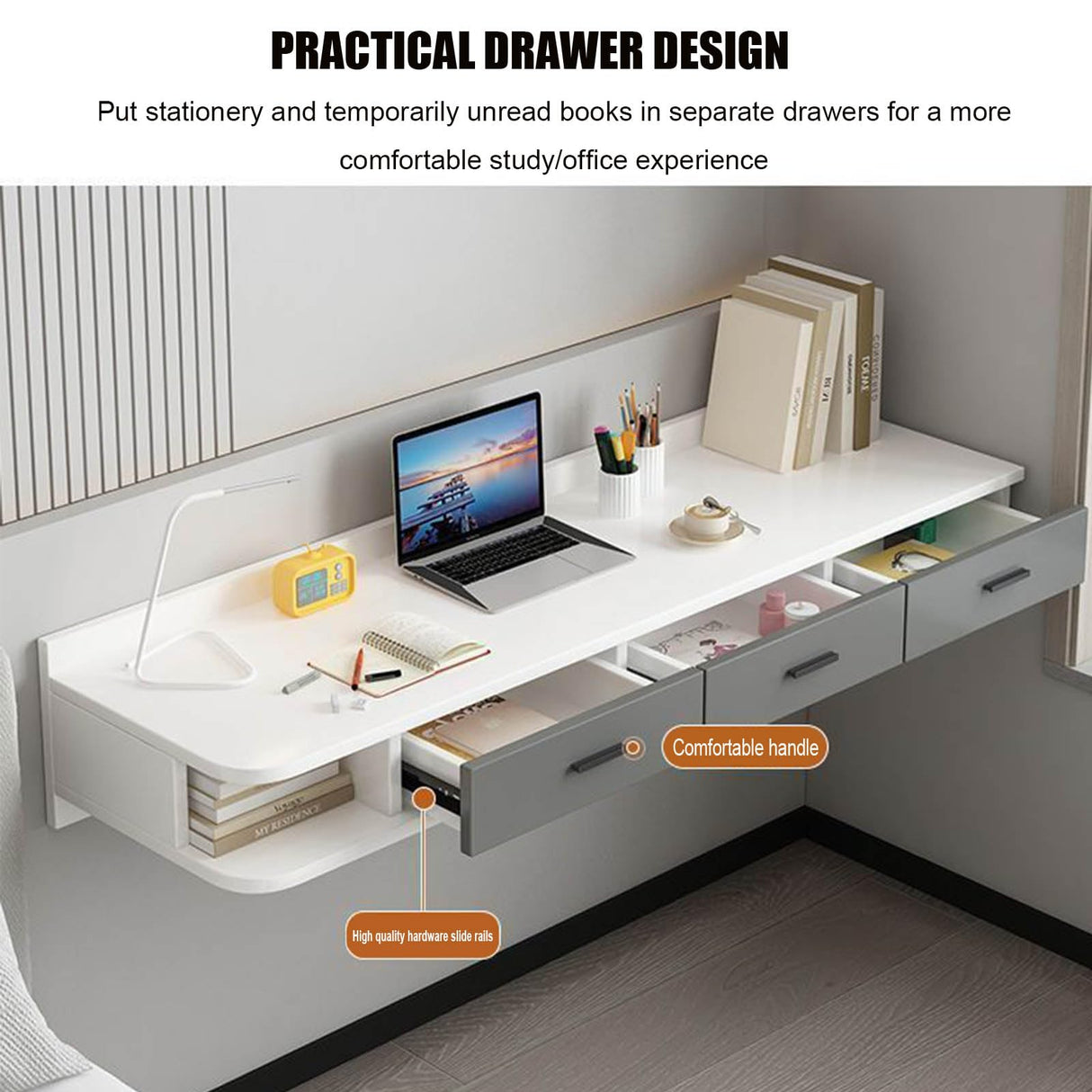 Floating Dressing Table with Drawers, Wooden Laptop Computer Desk,Space Saving Makeup Vanity Storage Cabinet,Wall Mounted Nightstand Bedside Table for Bedroom Living Room(80x40cm(31x16inch), B) SUZEPER