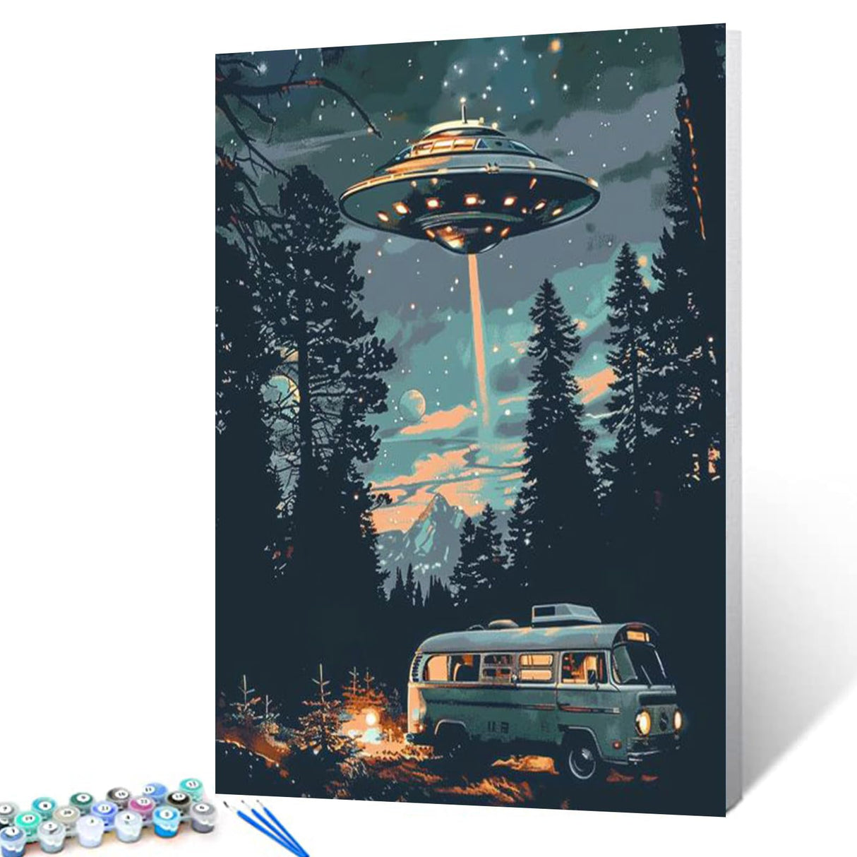 Tucocoo Starry UFO DIY Paint by Numbers for Adults Bus in Forest DIY Oil Painting Acrylic Paint Art Moon Stars Painting Kits Canvas with Acrylic Paint UFO Fantasy Decor 16x20 Inch (Without Frame ) Tucocoo