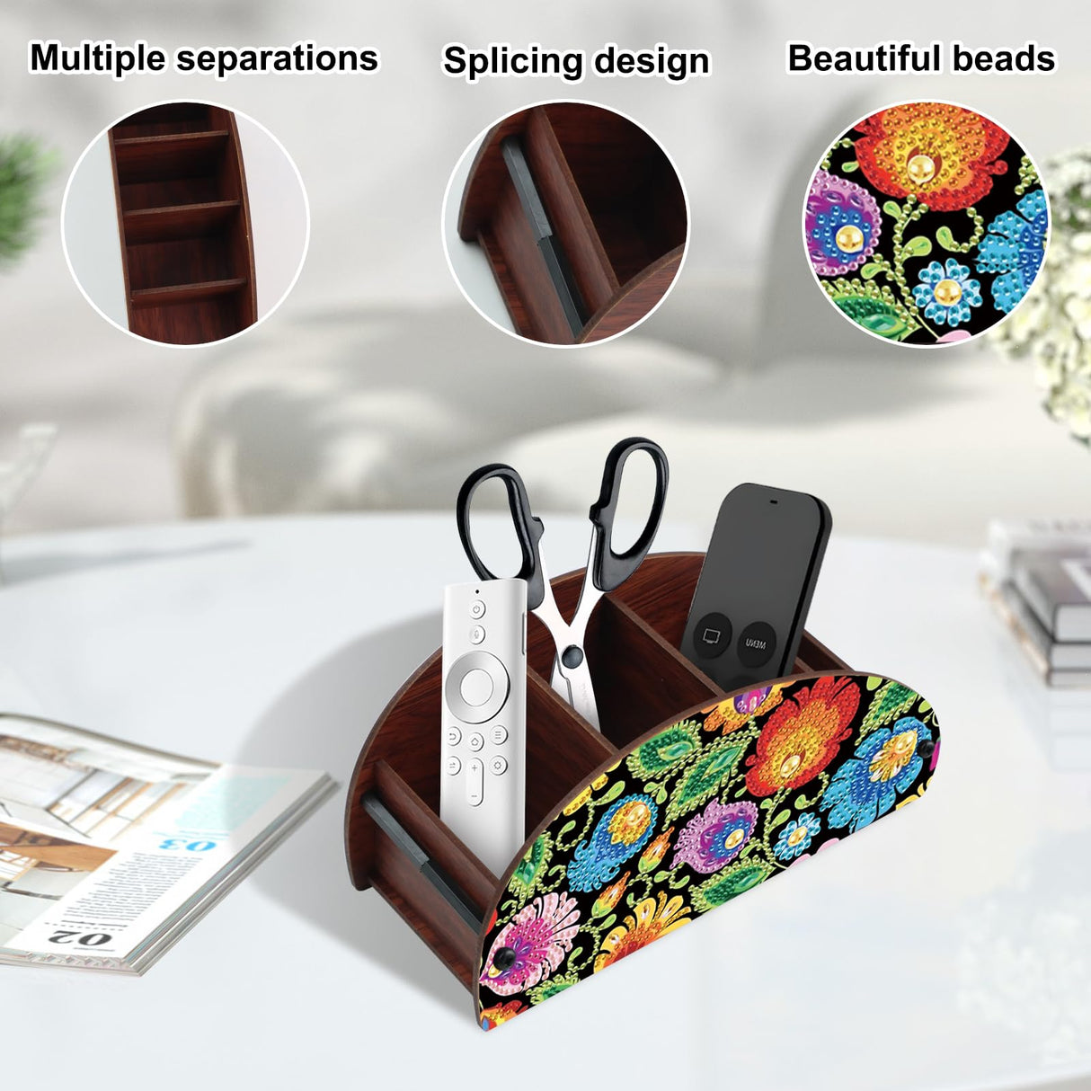 JZHYOAN Flower DIY Diamond Painting Remote Control Holder Double Sided Diamond Art Painting Kit Storage Box Storage Containers for TV AC Remotes Makeup Brushes Desk Supplies Table JZHYOAN