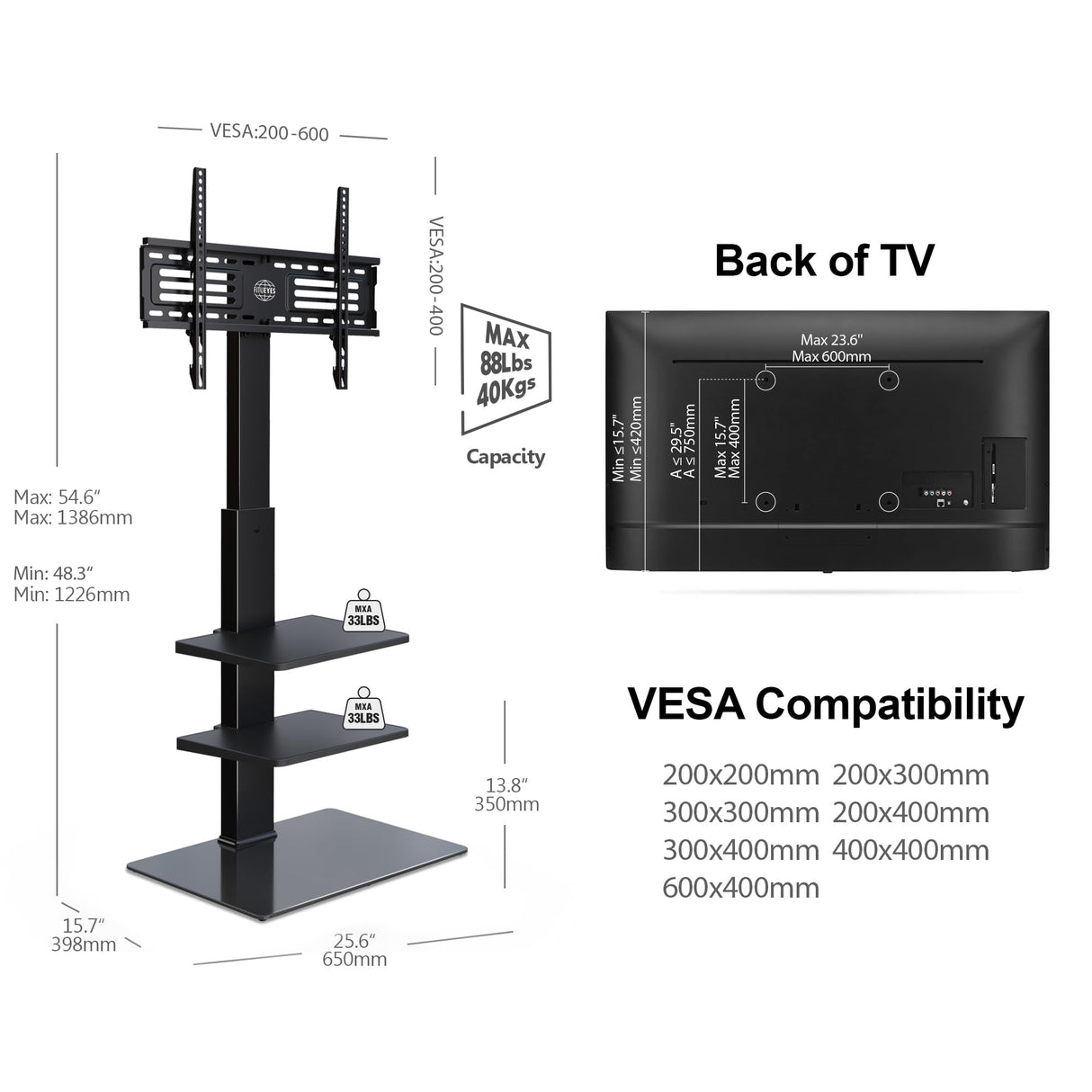 FITUEYES Swivel Floor TV Stand with Mount for TVs 37 43 50 55 60 65 70 75 Inch LCD LED Flat/Curved Screens Universal Swivel Televisions TV Mount Stand for Bedroom Living Room Black Tempered Glass Base FITUEYES