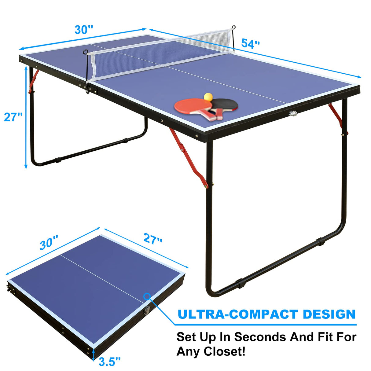 Dithoko 4.5ft Small Size Table Tennis Table Midsize Foldable & Portable Ping Pong Table Set with Net, 2 Ping Pong Paddles and 3 Balls for Indoor Outdoor Game Dithoko