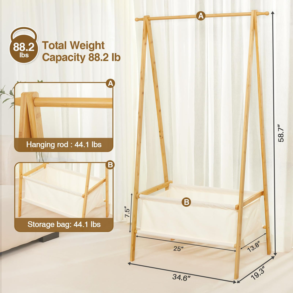 Cozivolife Bamboo Clothes Rack with Storage Box, Garment Rack Clothing Racks for Hanging Clothes, Foldable Wardrobe Storage Rack for Entryway and Bed Room (Natural) Cozivolife