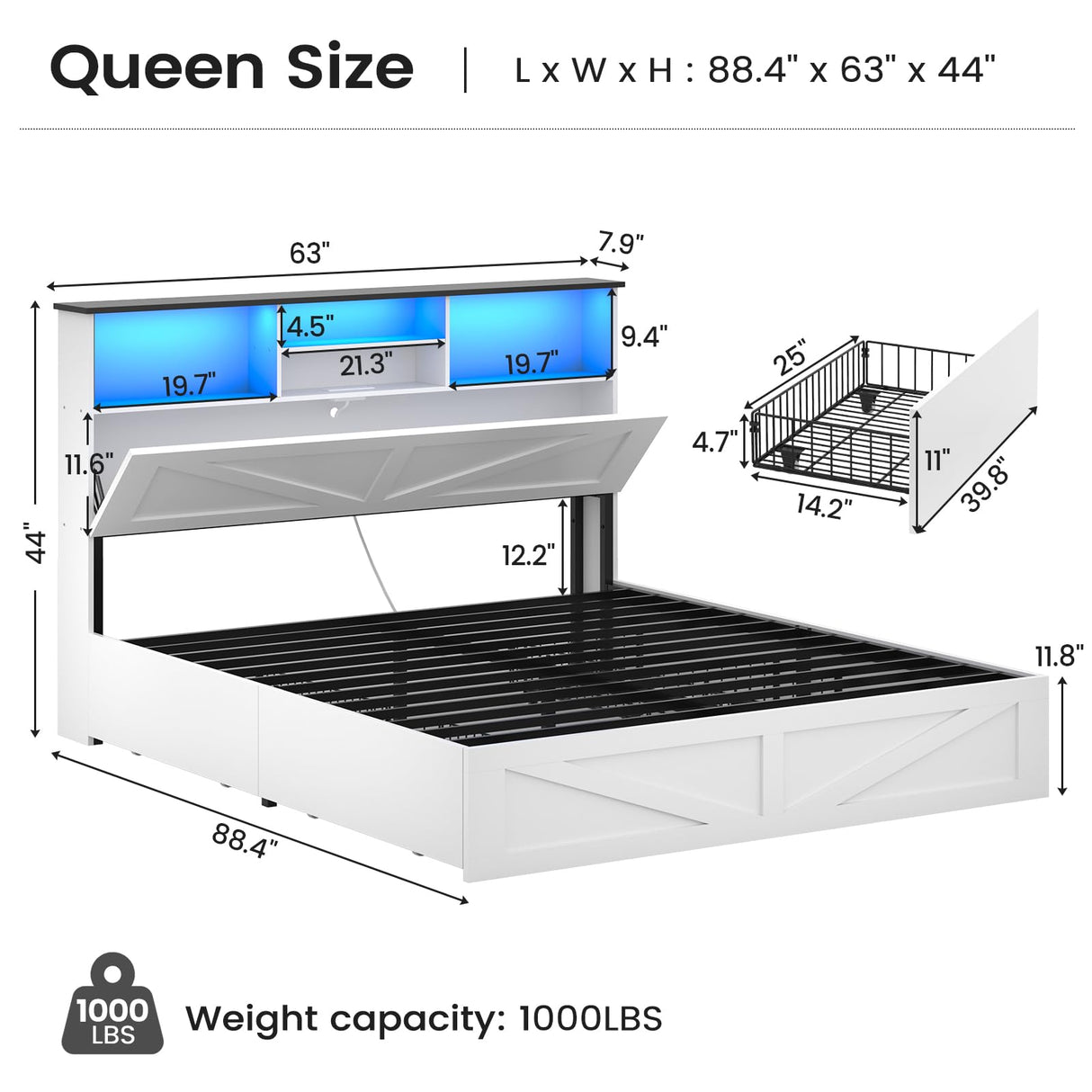 AOGLLATI Farmhouse Queen Bed Frame with 4 Storage Drawers and Led Lights, Wooden Bed Frame Queen Size with Hidden Space Bookcase Headboard and Led Lights & Metal Slats, White AOGLLATI