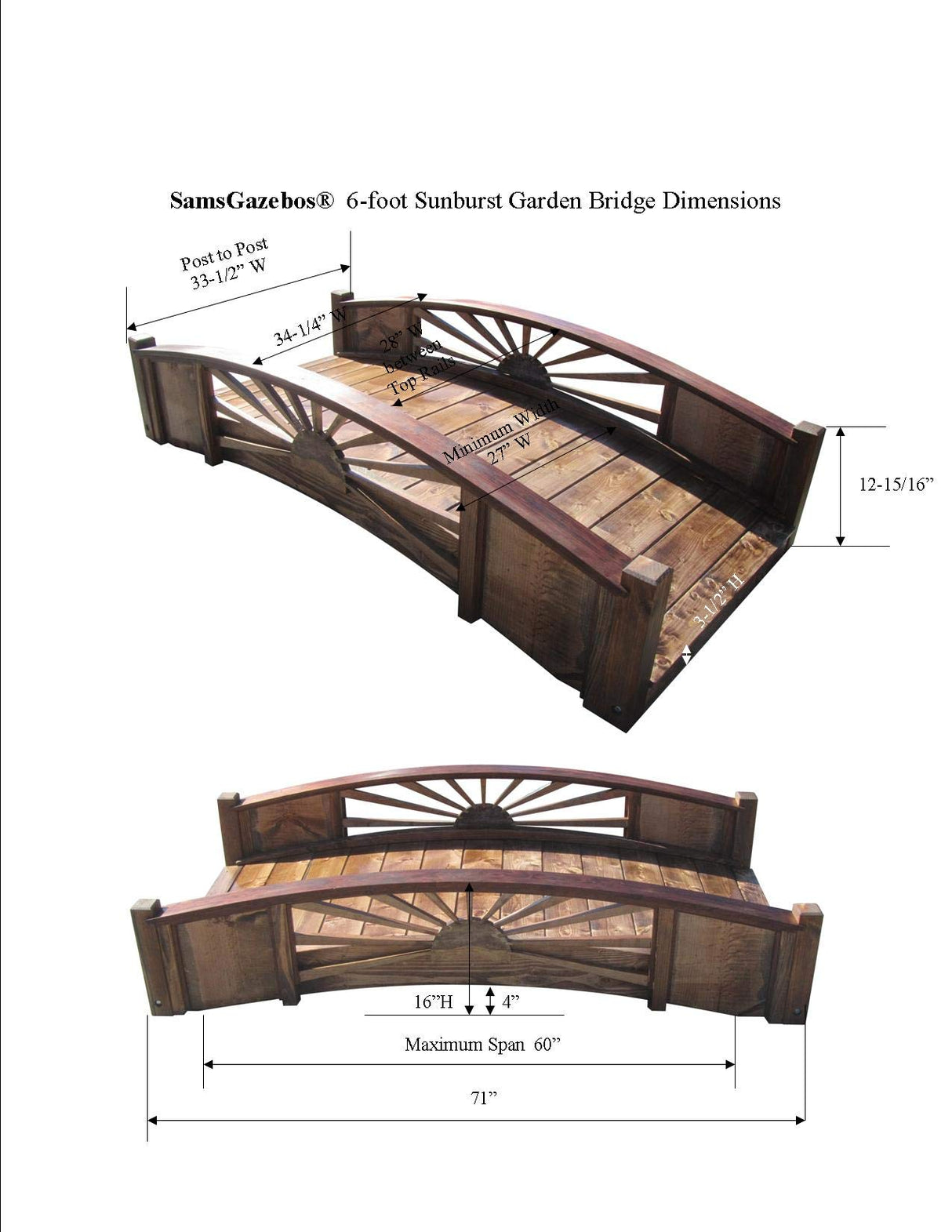 SamsGazebos Sunburst Wood Garden Bridge, 6', Brown SamsGazebos
