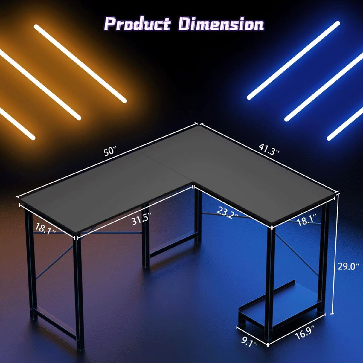 L-Shaped Wooden PC Desk for Gaming and Work - 50 Inch Writing Space-Saving Corner Table with CPU Storage Shelf, Side Bag, Home, Office, Black HOMEE