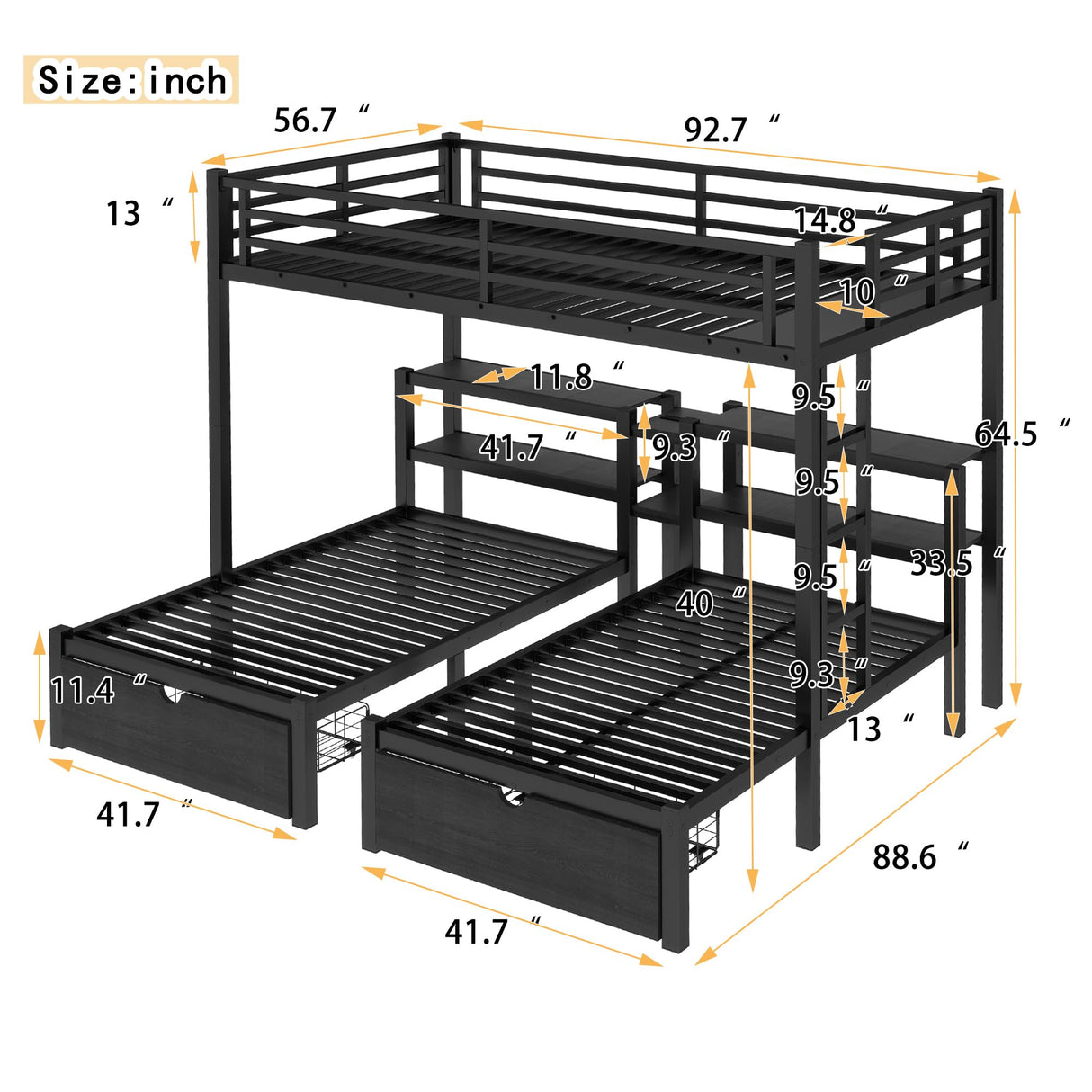 RuiSiSi Metal Triple Bunk Bed with Storage Drawers, Full XL Over Twin & Twin Bunk Beds, Multi-Functional Bunk Bed with Shelving & USB, Black RuiSiSi