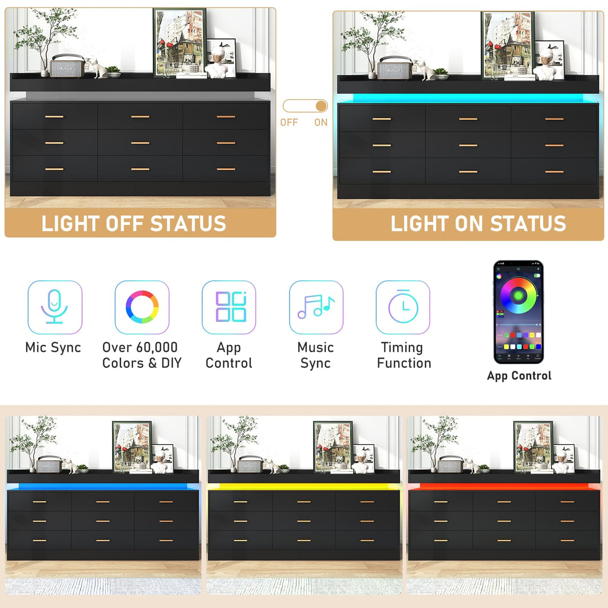 jiteentarou Drawer Dresser with Charging Station and LED Lights, Modern Chest of Drawers with Power Outlet, Organizer Cabinet for Bedroom, Living Room, Entryway(Black) jiteentarou