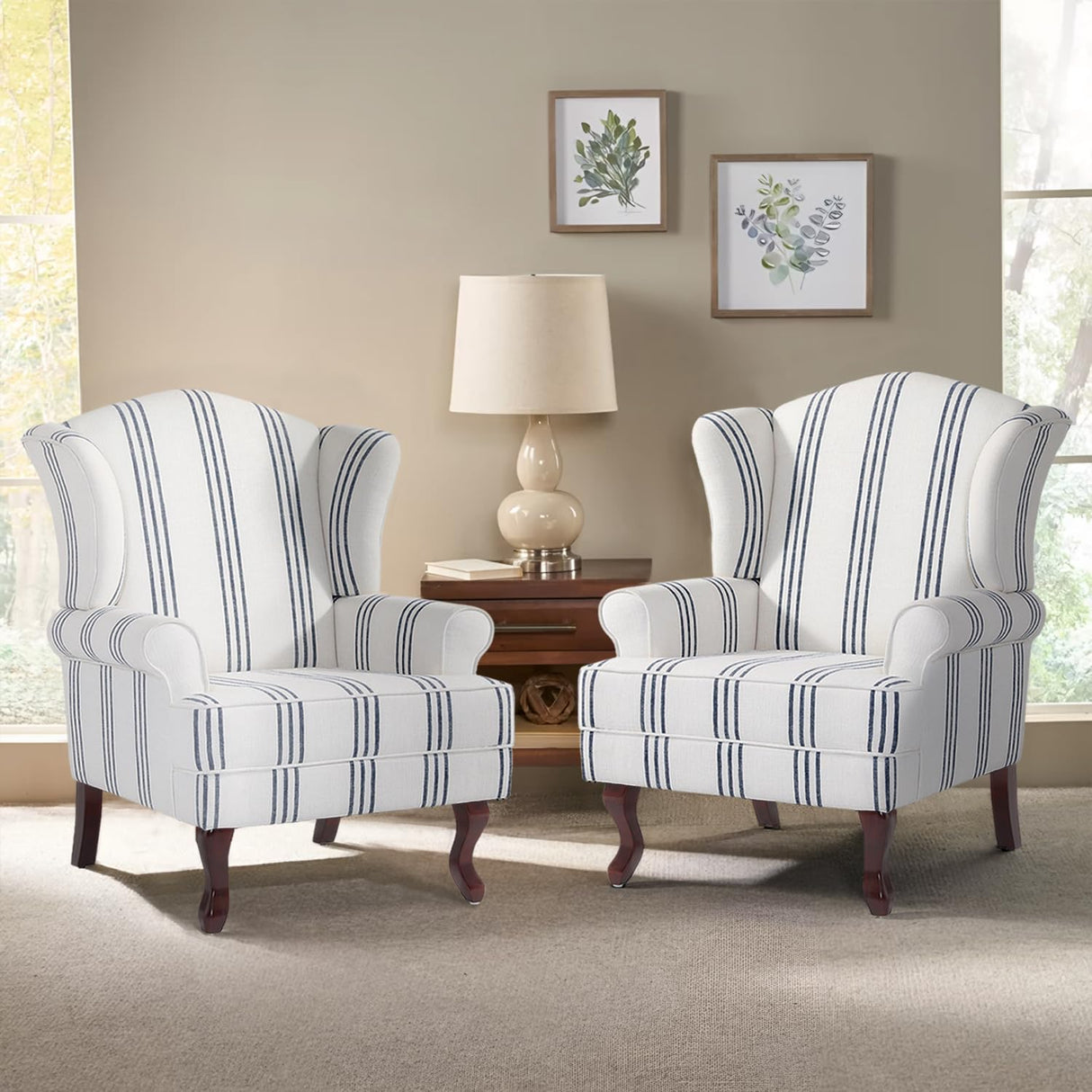 Pia Ricco Stripe High Back Floral Accent Chair, Upholstered Fabric Armchair with Solid Wood Legs - Retro Living Room Reading Chair, Comfortable Single Sofa Seat-Navy Pia Ricco