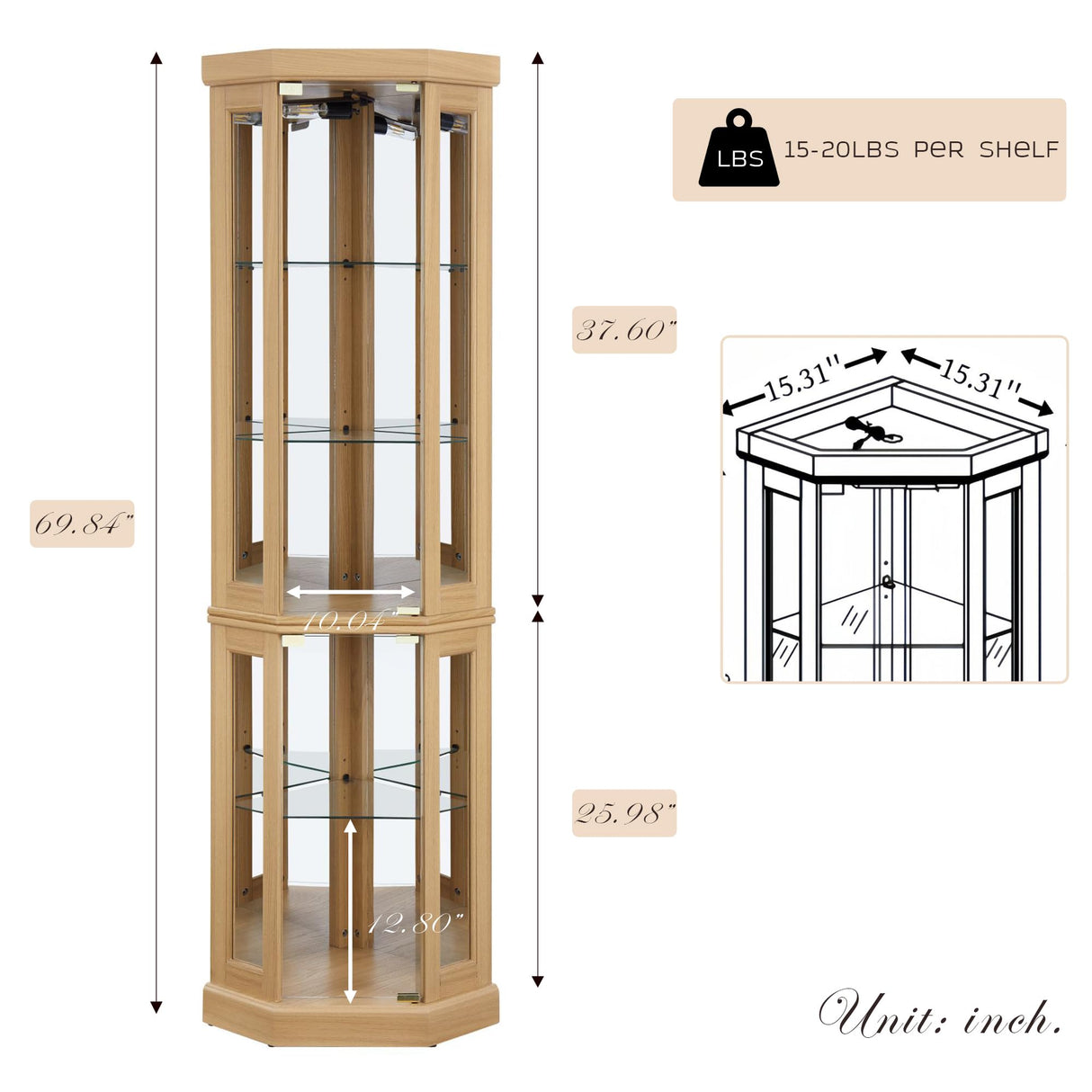 CKEASEAN Corner Curio Cabinet, 70" H Lighted Glass Display Cage with Tempered Glass Doors and Adjustable Shelves, Bulb Inclued, Wine Bar China Cabinet for Living Room Liquor Storage (Light Oak) CKEASEAN
