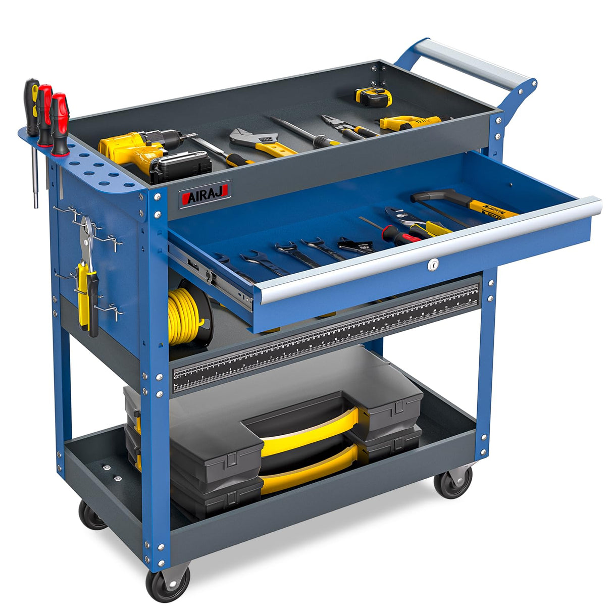 AIRAJ PRO 3 Tier Tool Cart,440 LBS Capacity Rolling Tool Cart with Drawers,Heavy Duty Industrial Service Tool Cart on Wheels with Pegboard Hooks for Mechanics,Garage,Warehouse,Workshop,Blue AIRAJ PRO