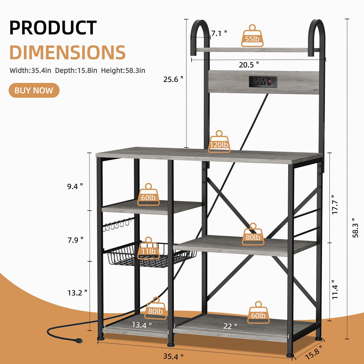 Shintenchi Kitchen Bakers Rack with Power Outlet, Multifunctional Organizer & Storage with 6 Hooks, Microwave Oven Stand, and Coffee Station Shelf, Grey Shintenchi