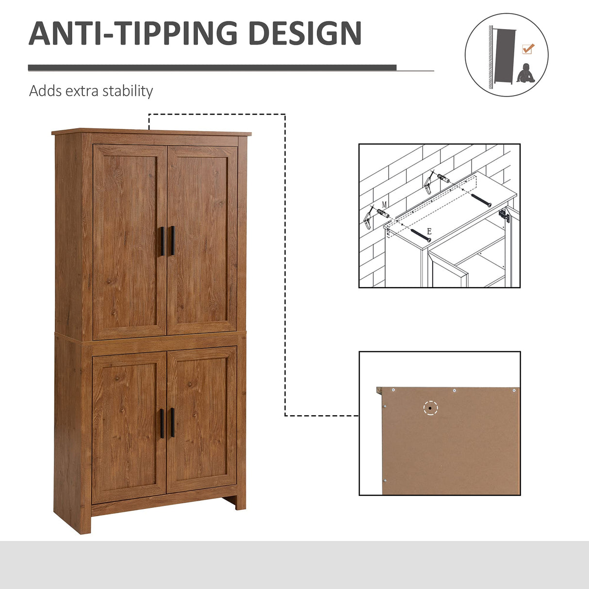 HOMCOM 64" 4-Door Kitchen Pantry, Freestanding Storage Cabinet with 3 Adjustable Shelves for Kitchen, Dining or Living Room, Oak HOMCOM