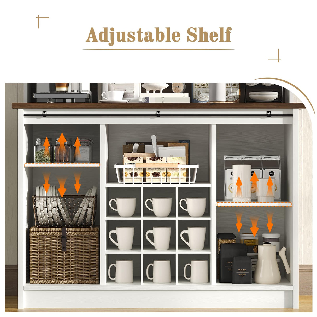 4 EVER WINNER Farmhouse Coffee Bar with 3-Tier Storage, 67” Tall Coffee Bar Cabinet with Sliding Barn Doors, White Buffet Cabinet with Hutch & 9 Wine Racks, White 4 EVER WINNER