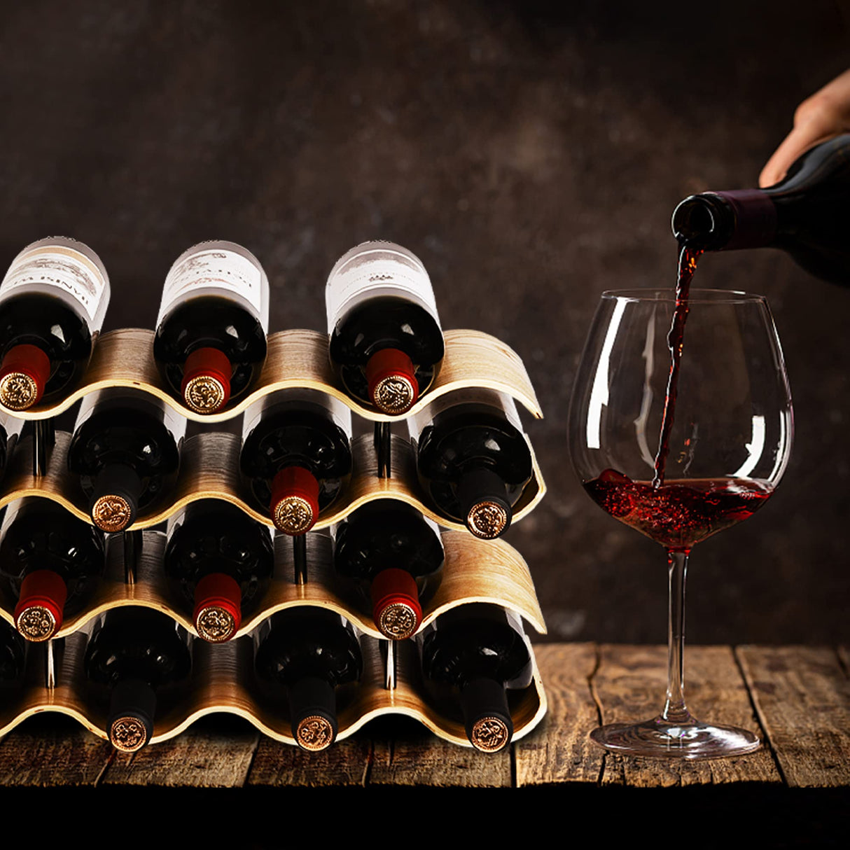 TRUDING Countertop Wine Rack - 14 Bottle Freestanding Wine Bottle Holder Stand - 4 Tier Wooden Wine Storage Rack - Wavy Wine Organizer for Cabinet Pantry Home Kitchen Bar TRUDING